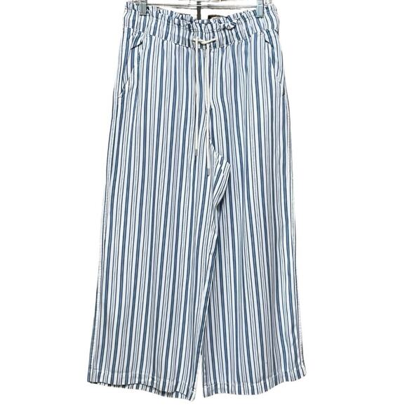 LOFT Pants - LOFT Emory Wide Leg Ankle Pants Size M Blue White Stripe Lyocell Drawstring NEW